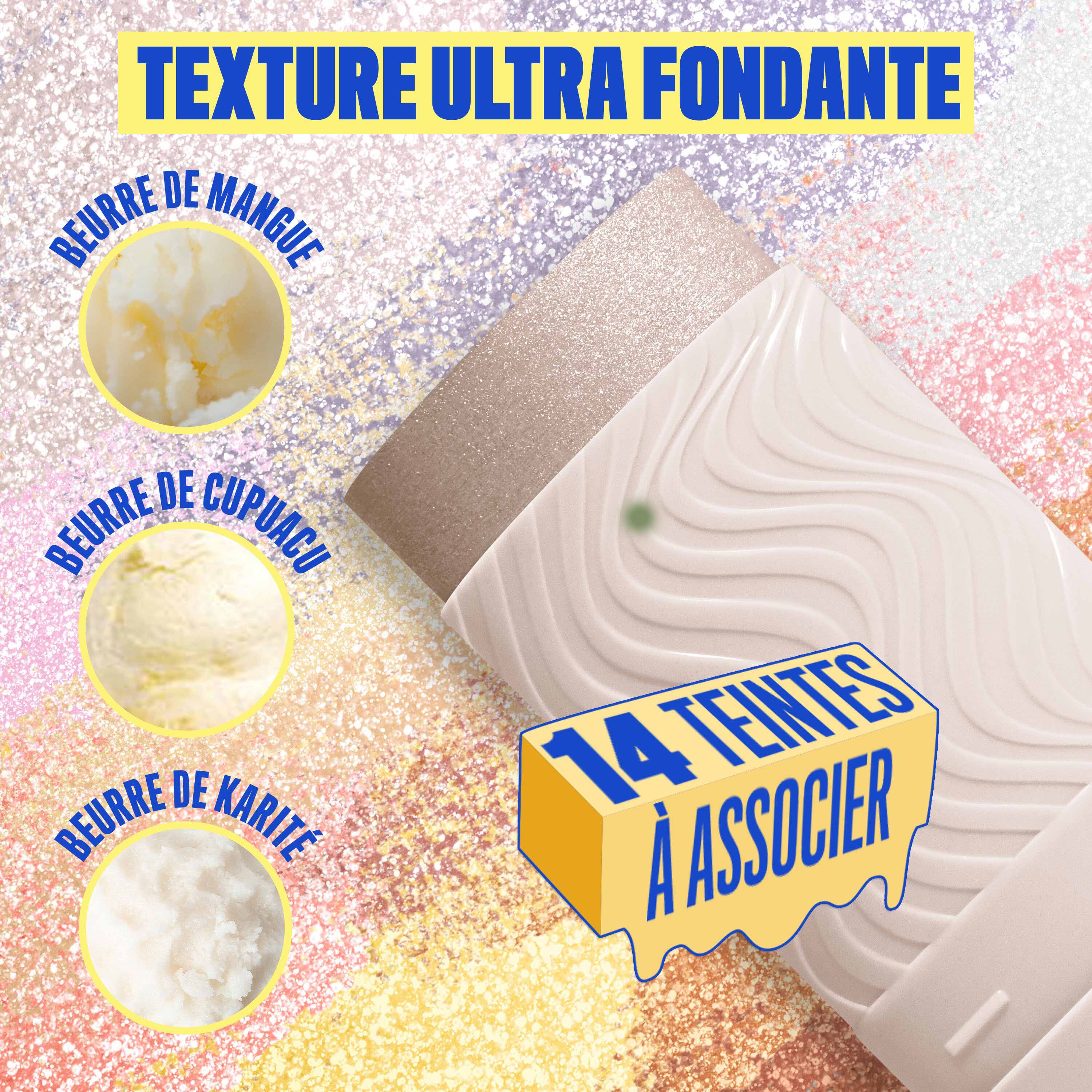Buttermelt Stix product shown with various swatch textures as the background focusing on the coconut butter and cupuacu butter ingredients in shade 01 Big Melt Energy