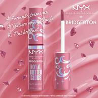 Features a close-up of a NYX Professional Makeup Bridgerton Royal Butter Gloss tube. Text highlights its benefits: "Long lasting," "Non-sticky," and "High shine finish." in shade 01 Angel Food Cake