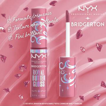 Features a close-up of a NYX Professional Makeup Bridgerton Royal Butter Gloss tube. Text highlights its benefits: "Long lasting," "Non-sticky," and "High shine finish." in shade 01 Angel Food Cake