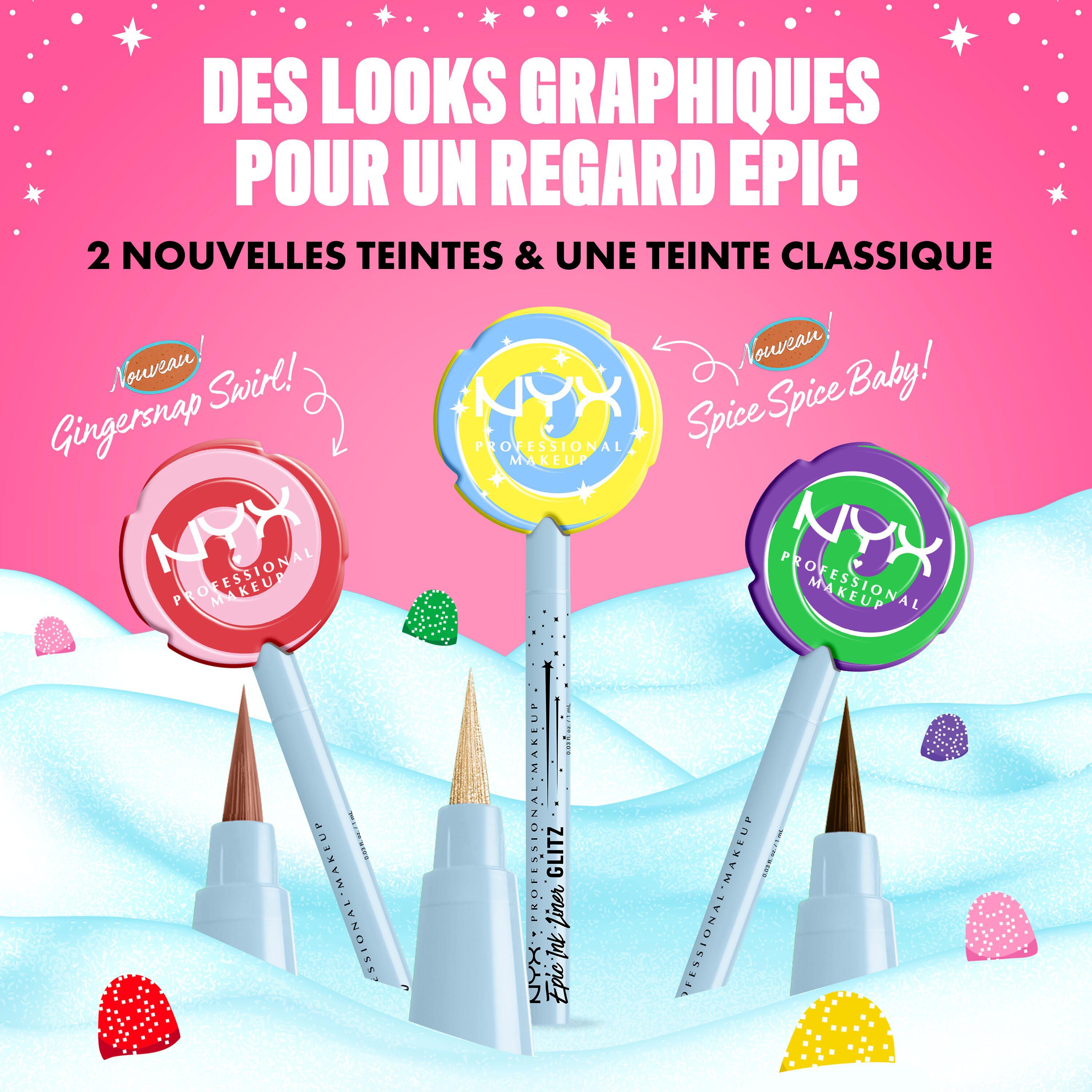 All three NYX Professional Makeup Holiday Candy Swirl Liner (gold, pink, blue) in standing lollipop-shaped packs with candy graphics.