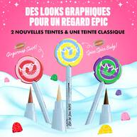 All three NYX Professional Makeup Holiday Candy Swirl Liner (gold, pink, blue) in standing lollipop-shaped packs with candy graphics.