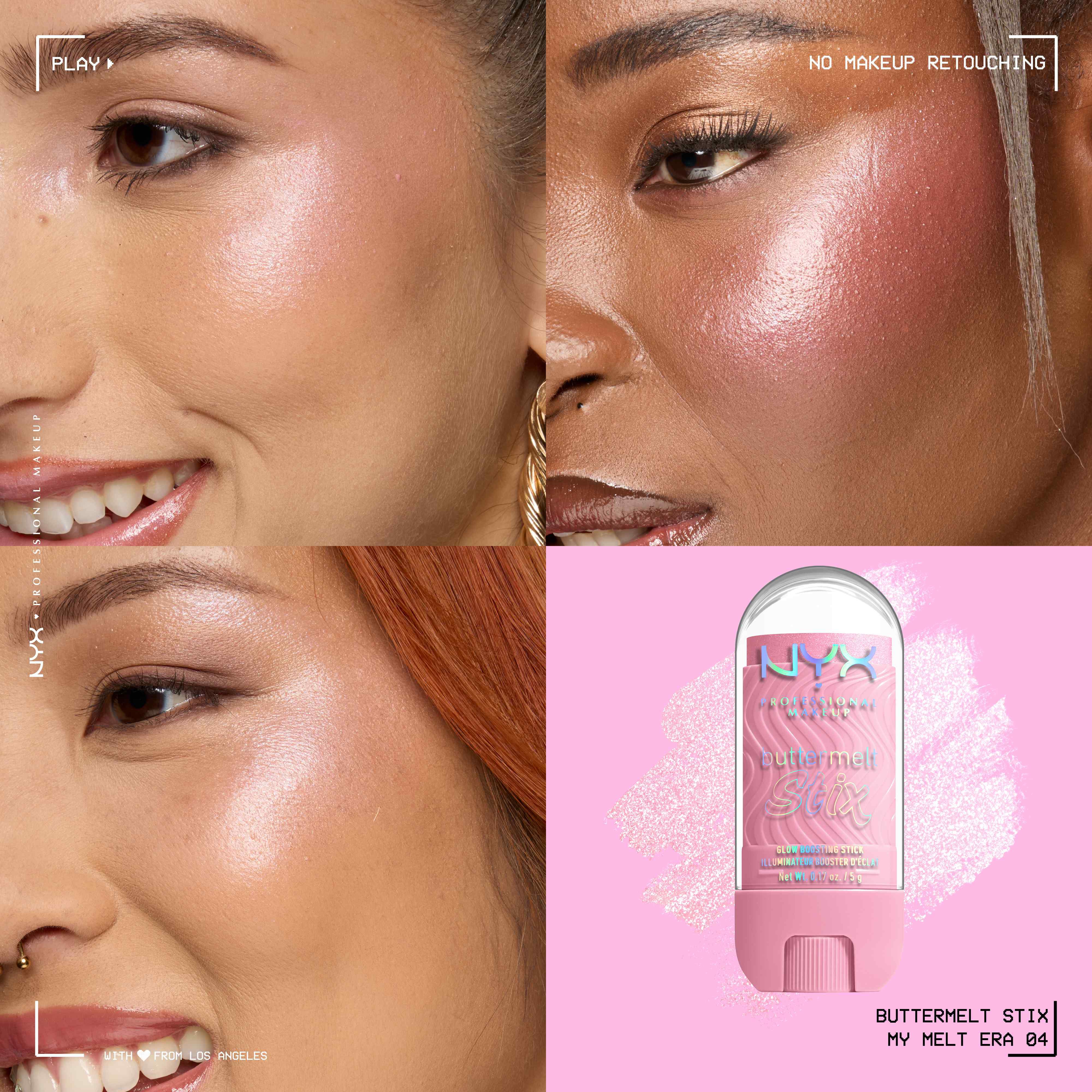 Quadrant showing Jelly Job lip macros on three models of fair, deep, medium skin tones and the product solider with swatch behind the hex code color in shade 04 My Melt Era