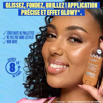 Smiling model holding a NYX Buttermelt Stix highlighter in a golden shade. Text reads: "Butta highlight from head to toe! Butta smooth glide, butta quick glow." Additional callouts: "No glitter fall-out, non-cakey, non-greasy feel." 8-hour wear badge and icons for vegan, cruelty-free, no retouching are included.
