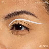 Close-up of an eye wearing NYX Professional Makeup Party Animals Epic Ink Liner in Phantom Lines as a crisp white graphic eyeliner design.