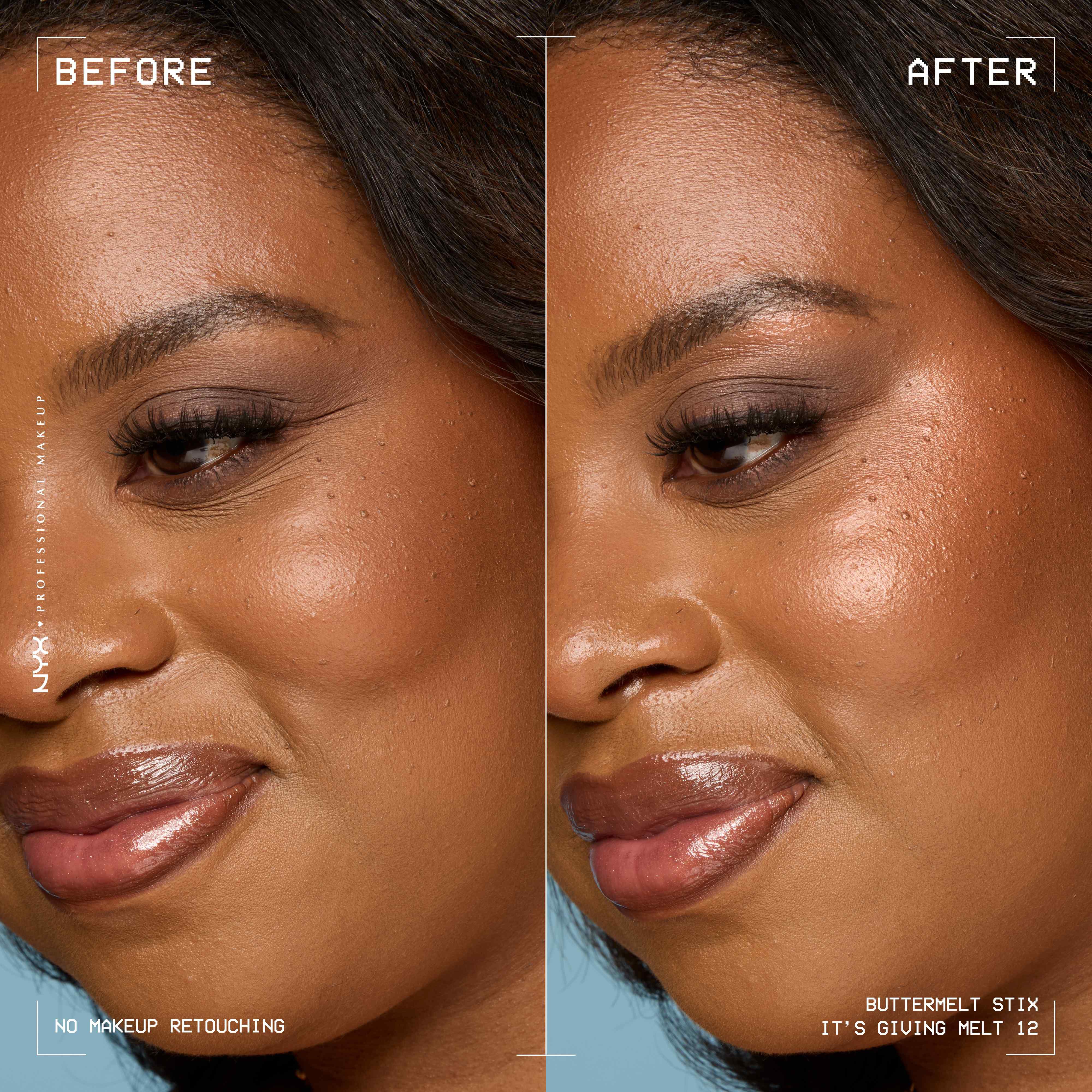 A side view of a model's face showing before and after results of using Buttermelt Stix in shade 12 It's Giving Melt