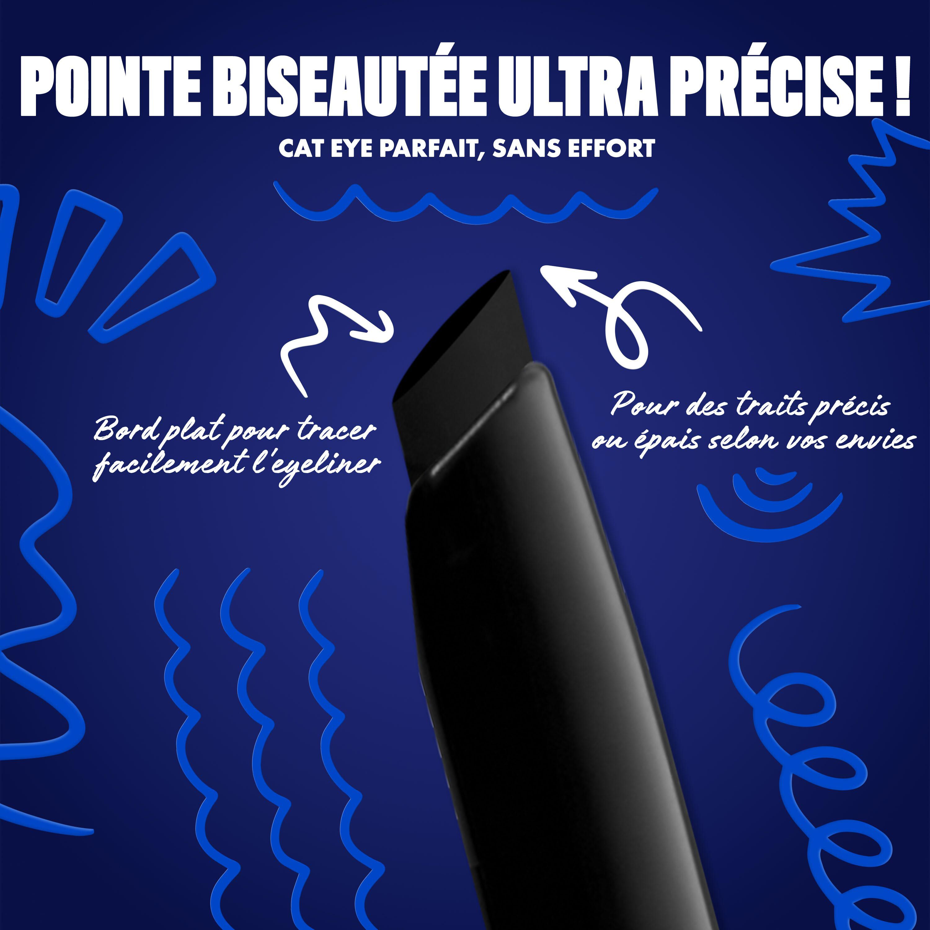 Blue-themed NYX graphic highlighting the slanted tip of an eyeliner pen. Arrows explain how to use the flat edge for wings and the top edge for precise lines. Text: "Ultra precise slanted tip! No angled brush needed." in shade 01 Black Screen