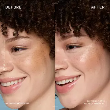 A side view of a model's face showing before and after results of using Buttermelt Stix in shade 01 Big Melt Energy