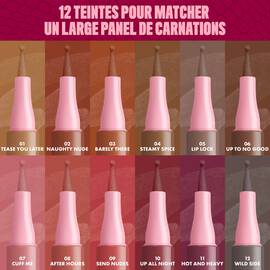 Display of 12 nude shades of NYX Lip Lingerie Liner. Each shade is shown in a vertical pen format with pink caps and labeled with names like "Take You There," "Warm Up," "Baby Doll," and "Cuff Me." Title reads: "In 12 sexy lip-enhancing nudes!"