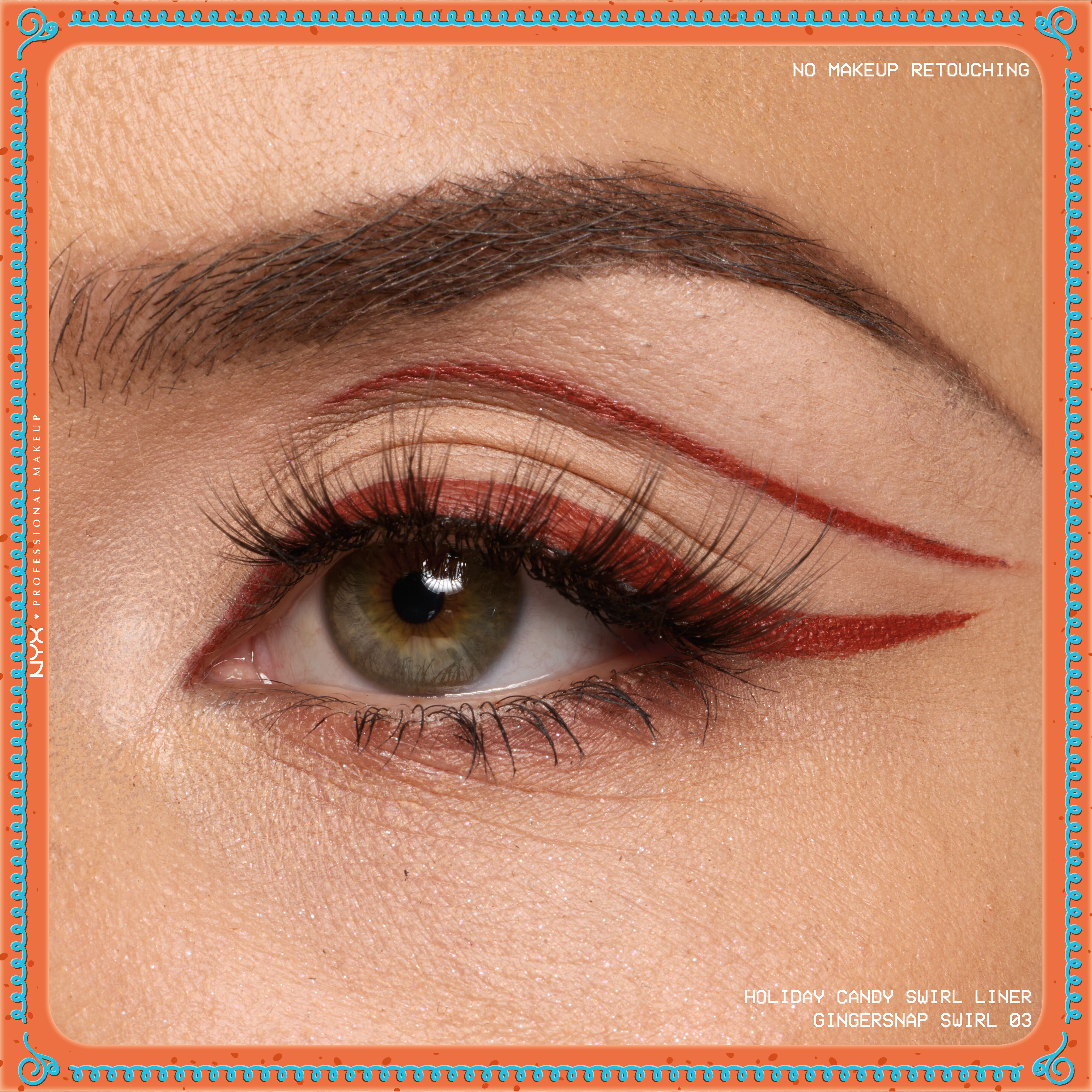 Eye close-up showcasing dramatic winged liner applied with metallic finish of NYX Professional Makeup Holiday Candy Swirl Liner in shade 03 Gingersnap Swirl
