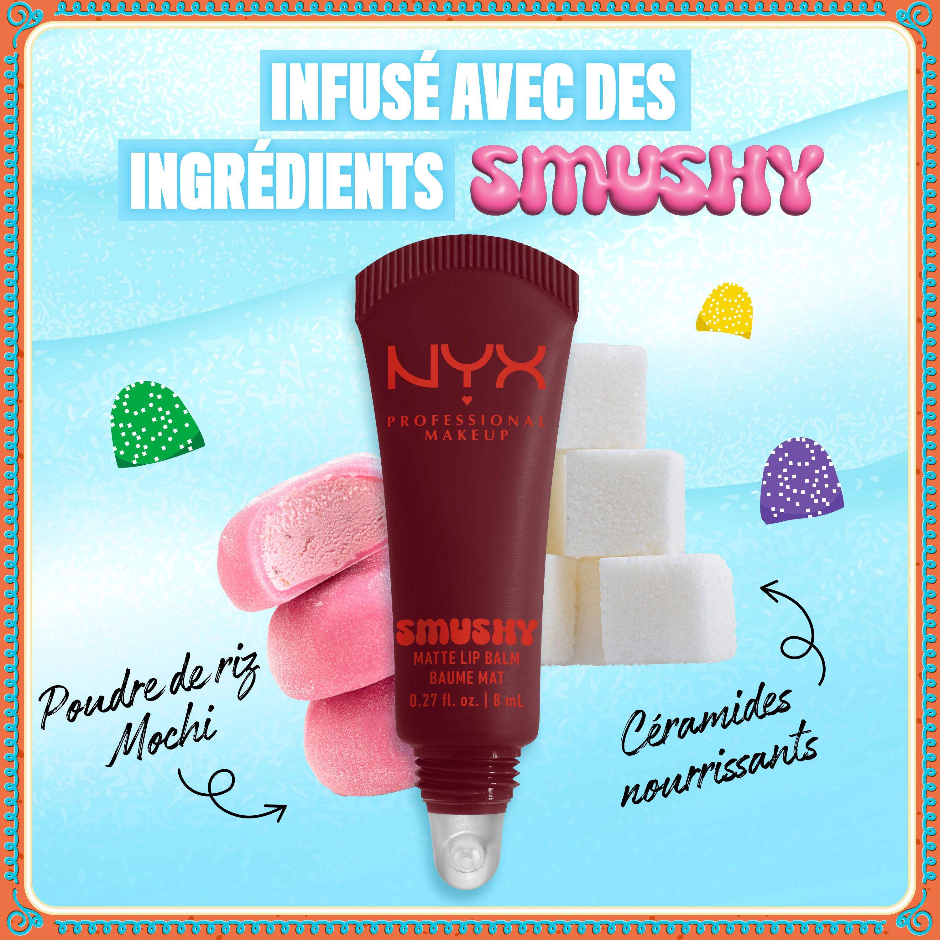 Balm tube placed beside pastel sweets and ingredient labels: “Mochi Rice Powder,” “Sugar Liquid Emulsifier.” in Smushy Matte Lip Balm in shade 07 Swipe 2 Smooth