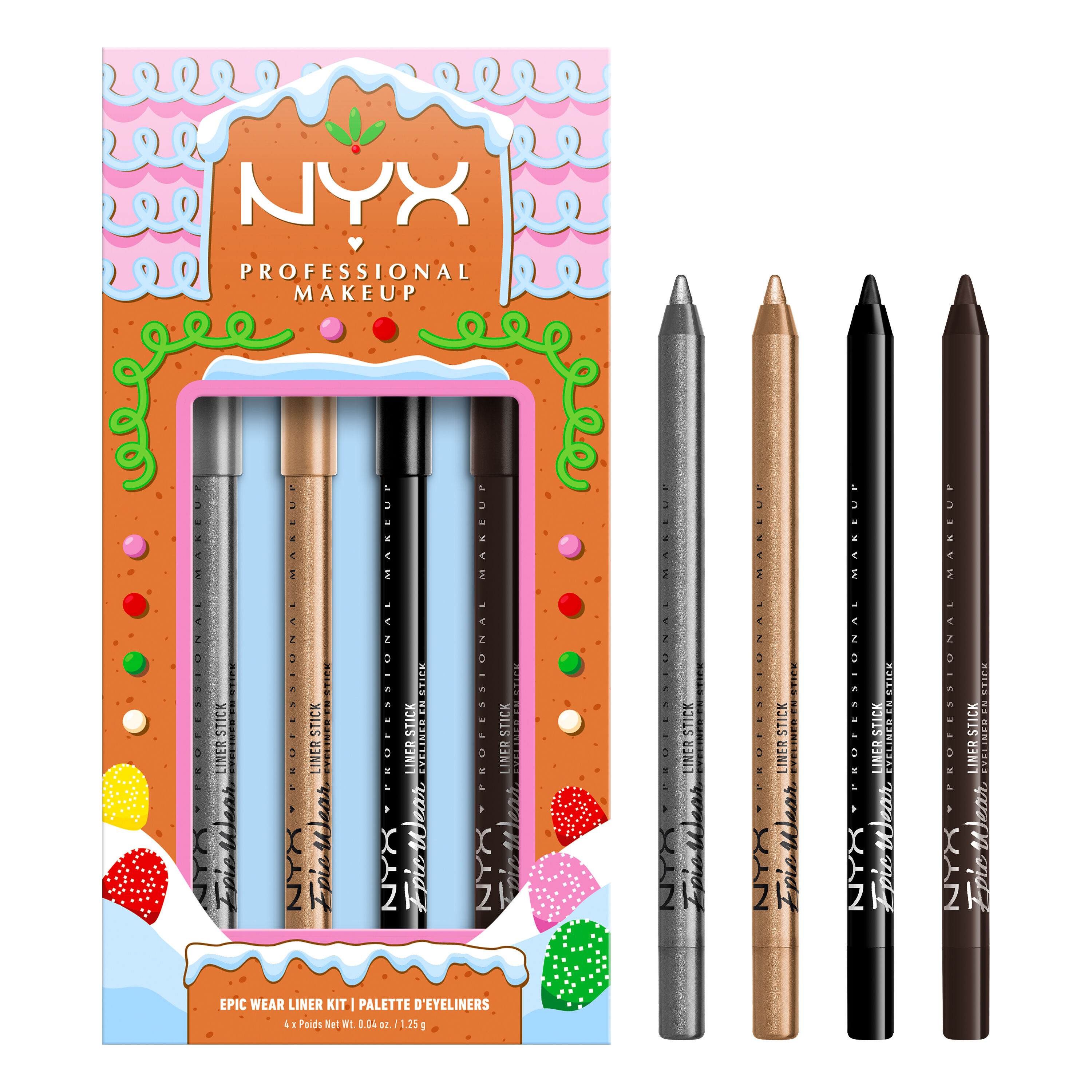 Shows the NYX Professional Makeup Holiday Epic Wear Liner Stick Kit packaging alongside the four individual eyeliner pencils removed from the kit, allowing a clear view of each color.
