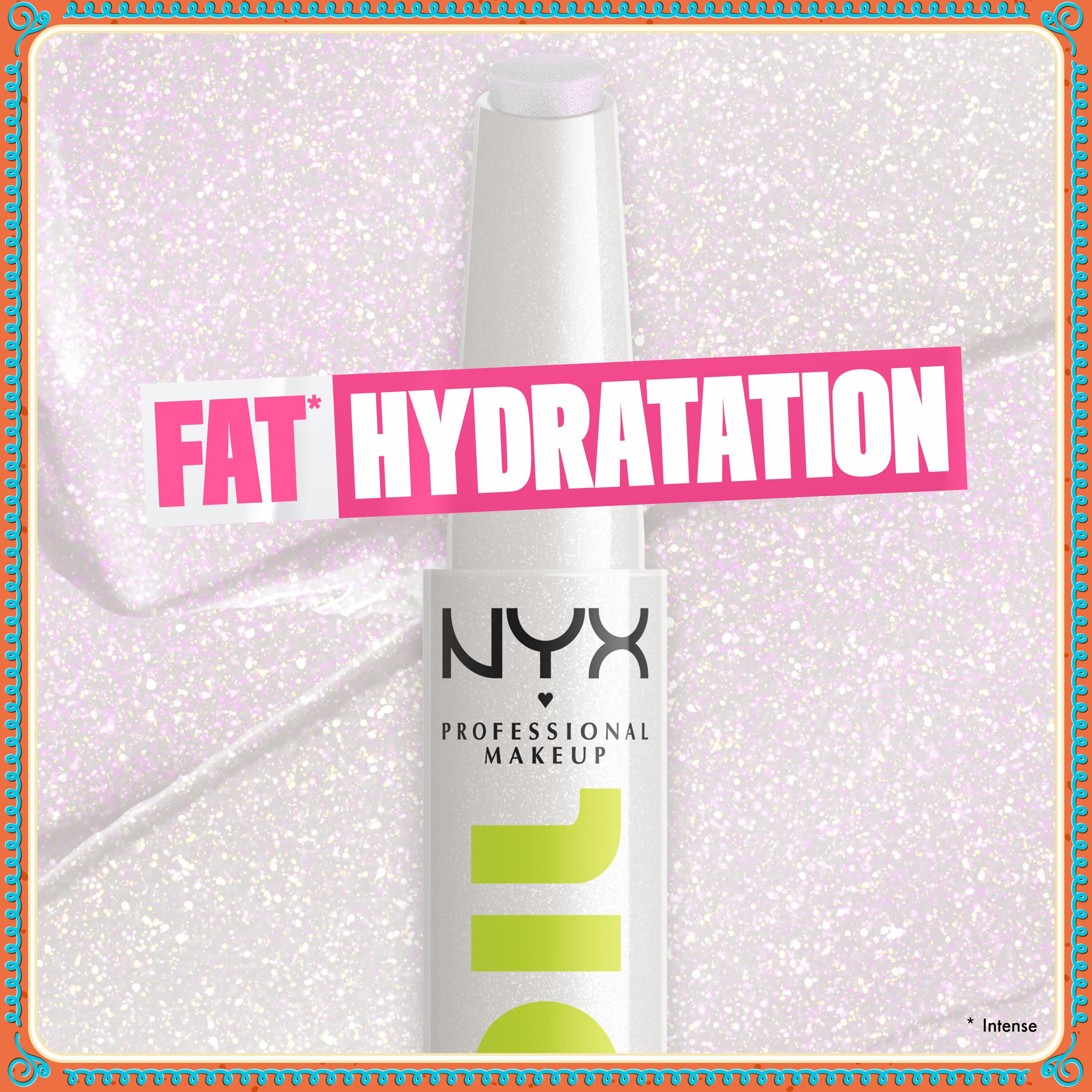 Shows a close-up of a single tube of NYX Fat Oil Slick Click. The primary benefit highlighted is "FAT 12H HYDRATION," set against a shimmery, light pink background.