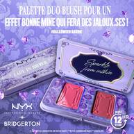 Opened NYX Professional Makeup Bridgerton Blush Duo showing two blush pans. Text highlights "Velvety Blush Duos for a Regal, Long-Lasting Flushed Glow," plus "Fade & Transfer Resistant" and "12HR" wear in shade 02 Lady In Silver