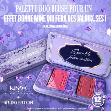 Opened NYX Professional Makeup Bridgerton Blush Duo showing two blush pans. Text highlights "Velvety Blush Duos for a Regal, Long-Lasting Flushed Glow," plus "Fade & Transfer Resistant" and "12HR" wear in shade 02 Lady In Silver