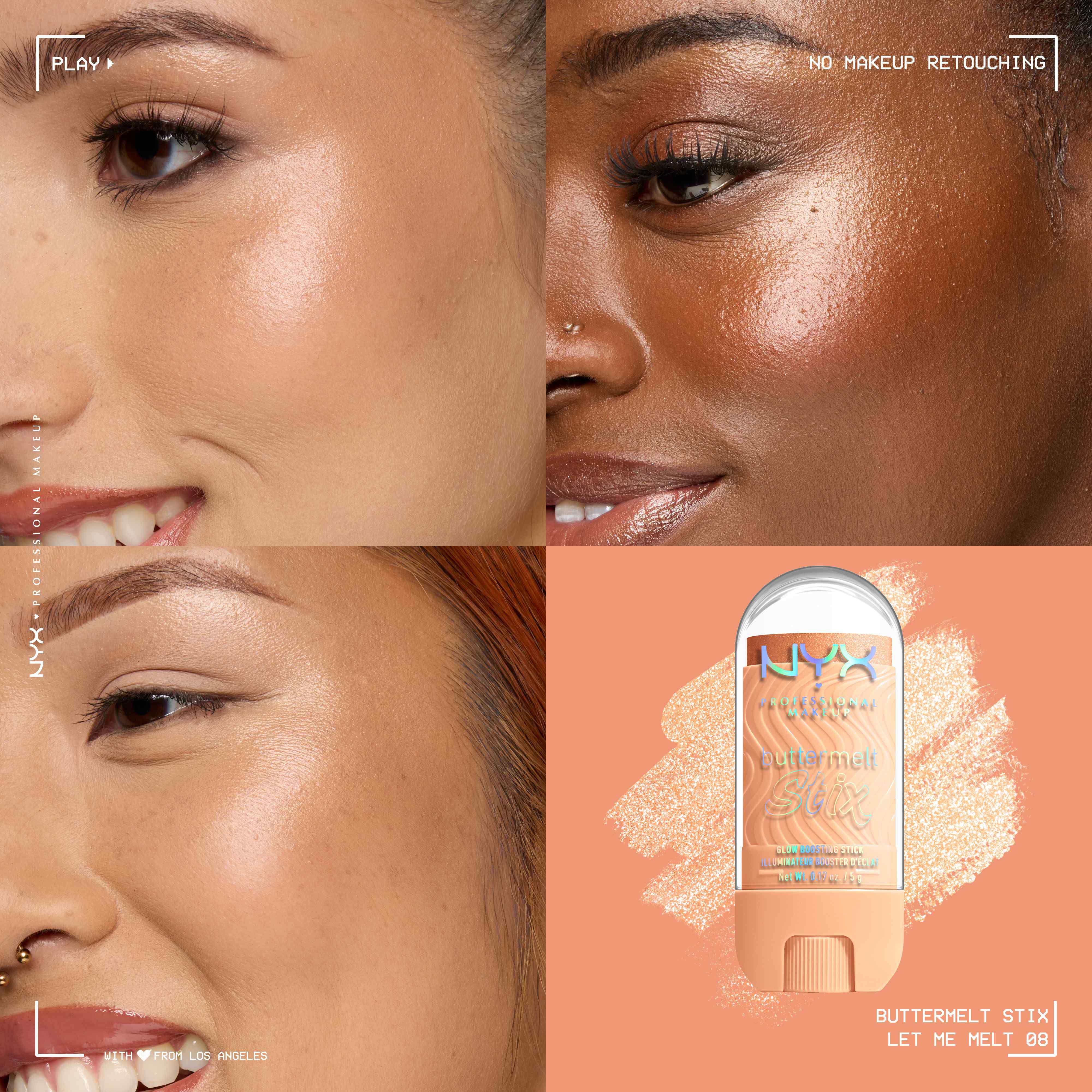 Quadrant showing Jelly Job lip macros on three models of fair, deep, medium skin tones and the product solider with swatch behind the hex code color in shade 08 Let Me Melt