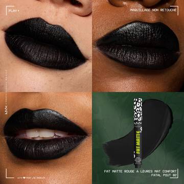 Close-up grid of lips wearing NYX Professional Makeup Party Animals Fat Matte Smooth Color Lipstick in Fatal Pout, a deep black matte shade.